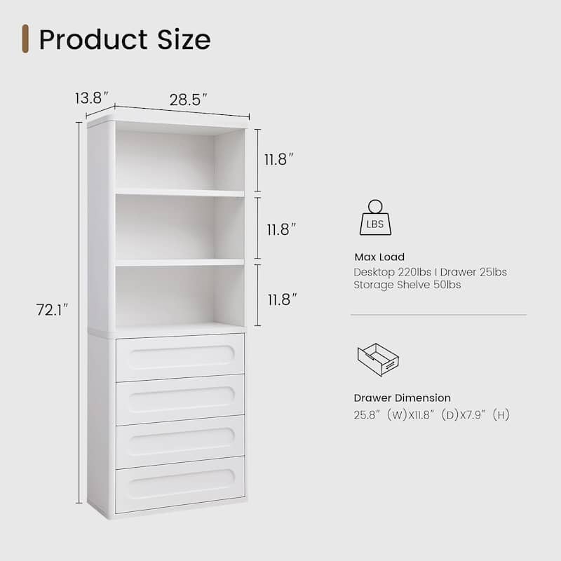 Bookcase with 4 Drawers 72.1" Tall Bookshelf with 3 Storage Shelves