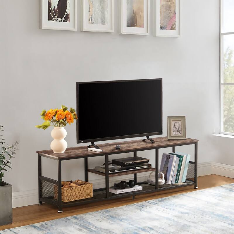 VECELO Industrial TV Stand for Televisions up to 80 Inch,70" Entertainment Center with Open Storage Shelves,Console Table