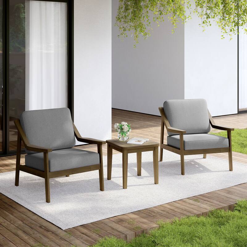 Outdoor Wood Cushioned Patio Set of 2 Accent Chair with Side Table - Natural Wood - Grey
