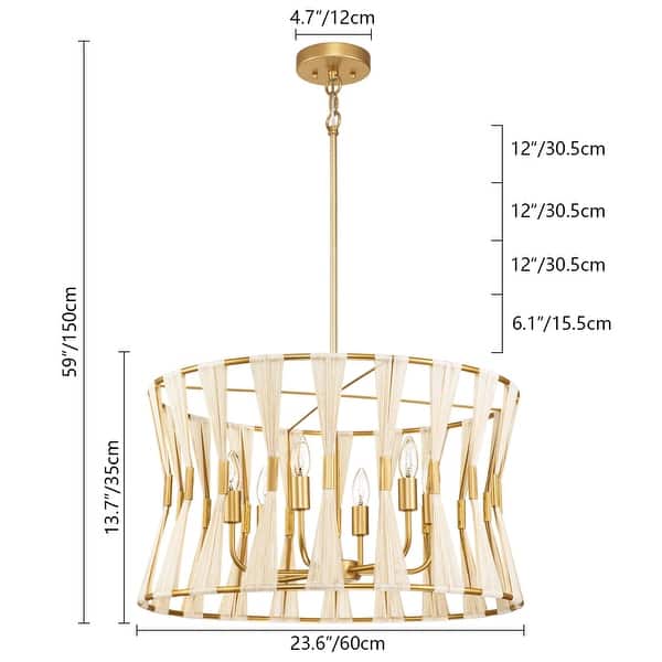 dimension image slide 1 of 2, 6-light Modern Boho Hand-wrapped Woven Chandelier Natural Ivory Rope Fabric Drum Pendant Light