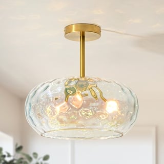 14.2" W 3-Light Modern Gold Dome Semi-Flush Mount Ceiling Light with Water Glass Shade for Foyer, Bedroom