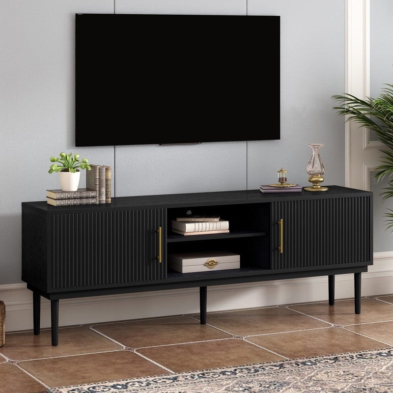 Modern TV Stand with Vertical Striped Sliding Doors for TVs Up to 75"
