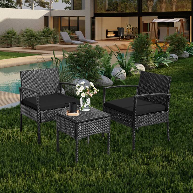 Outdoor Furniture 3 Piece Patio Bistro Furniture Set, Rattan Conversation Chairs Set with Side Table and Cushions