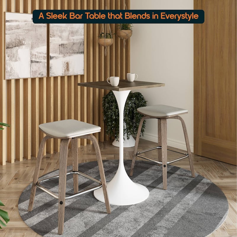 Verve 43 in. Tall Bar Height Dining Table Square MDF Wood Tabletop in White Stainless Steel Pedestal Base Accent Bar Table