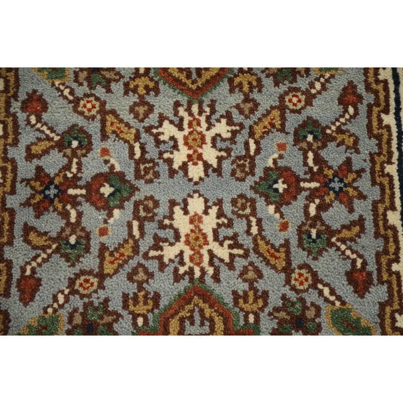 Hand Knotted Oriental 100% Wool Carpet Traditional Geometric Greys & Charcoal Heriz (serapi) Runner Rug - 9' 10'' X 2' 7''