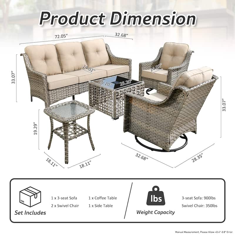 OVIOS 5 Pieces Outdoor Wicker Swivel Chair Set With Solar-Powered Table