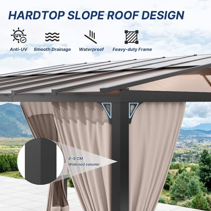 Wall Mounted Gazebo, Hardtop Permanent Outdoor Shade Canopy with Curtains for Deck, Backyard, Patio