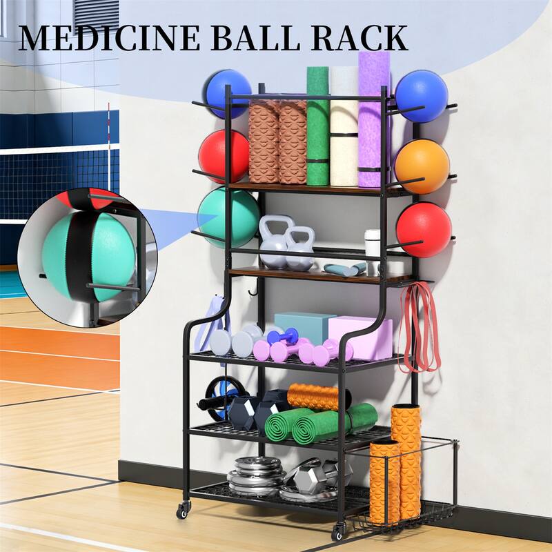 Freestanding Rolling Sports Equipment Organizer Home Gym Storage Rack with Wheels
