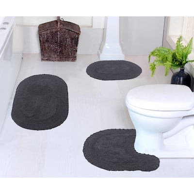 Double Ruffle Collection 100% Cotton Non-Slip Bath Rug Set, 3 Piece Machine Washable- Bathroom Rug, Bath Rug, U Shaped Contour