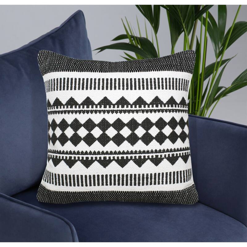 20" Black and White Bordered Mosaic Geometric Striped Square Throw Pillow