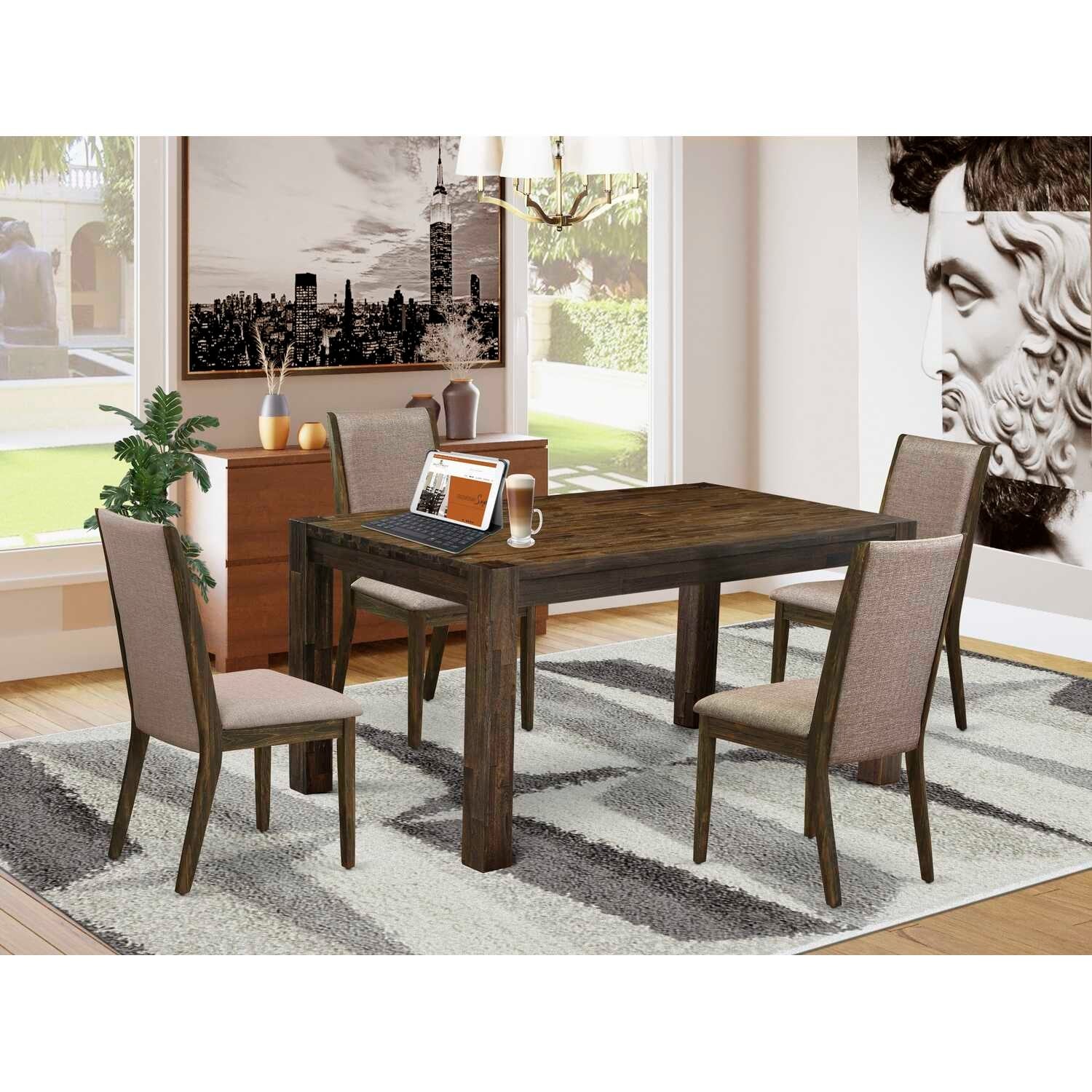 5-Piece Natural Brown Finish Solid Wood Top - Rectangular Dining Room Set - Seats 4
