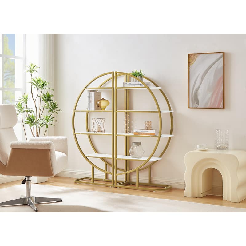Roomfitters 4-Tier Round Bookshelf for Home Office, Open Shelf with Gold Frame and MDF Board, Multiple Placements, Golden+White
