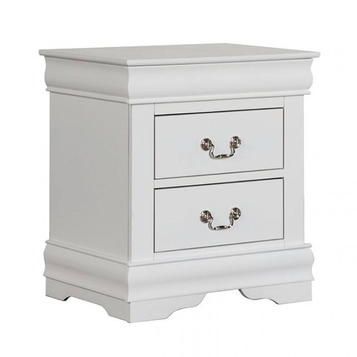 Elegant White Nightstand with Antique Brass Pulls, Solid Wood Construction