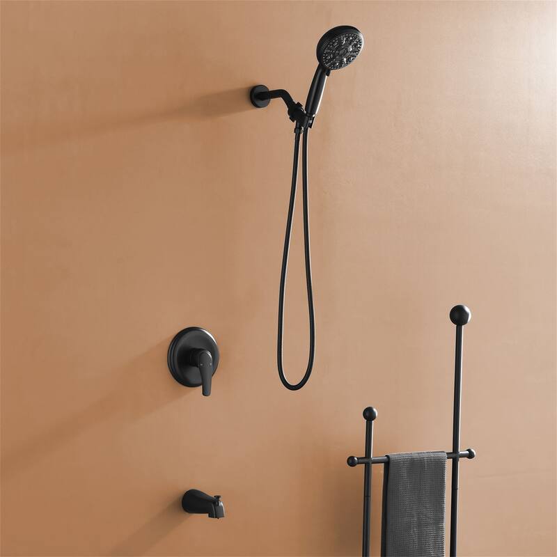 Wall Mounted Shower Faucet with Tub Spout Complete Pressure Balance Matte Black Tub Shower System Wth Rough-in Valve