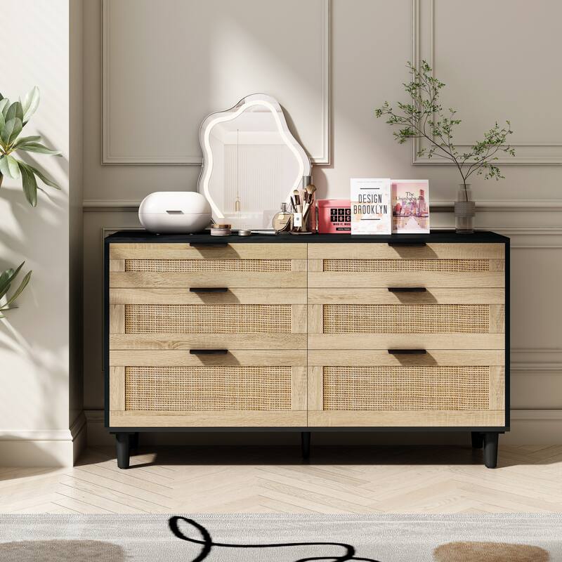 Mid-Century Modern Rattan Dresser, 6-Drawer Wicker Bedroom Dresser, Storage Cabinet with Metal Handles & Wood Legs - Black