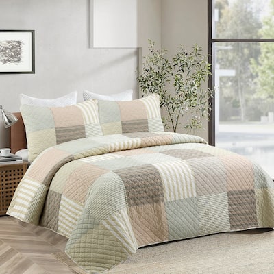 Cozy Line Stripe Checker Patchwork Cotton Reversible 3 Piece Quilt Bedding Set