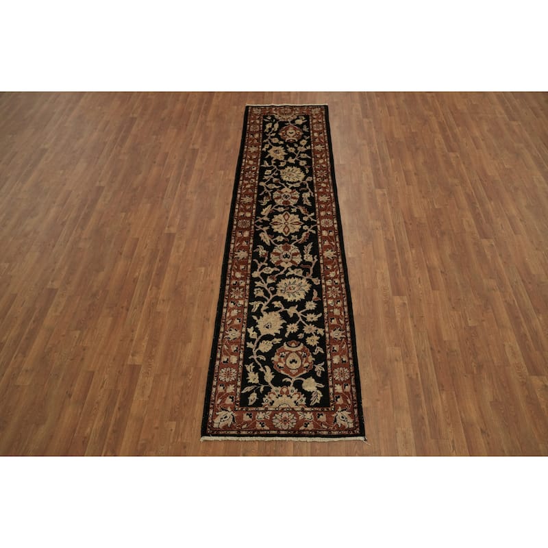 Hand Knotted Oriental 100% Wool Carpet Traditional All-Over Black Ziegler Runner Rug - 10' 0'' X 2' 7''