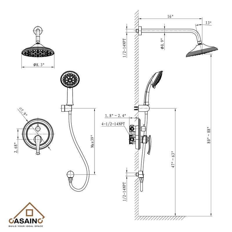 CASAINC Wall-mounted Rain Shower Faucet with Pressure Balanced Valve