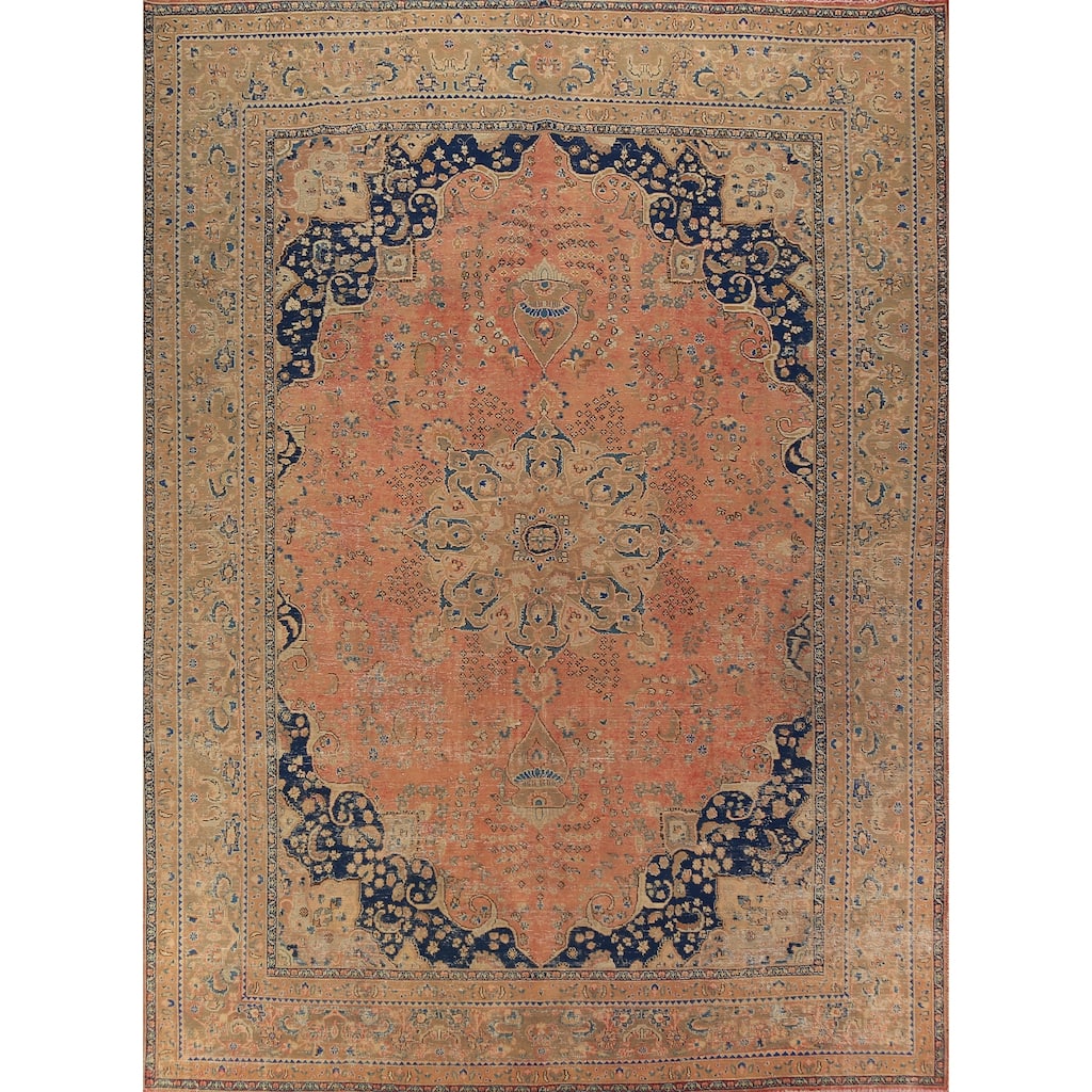 Medallion Mashad Persian Vintage Area Rug Hand-Knotted Wool Carpet - 9'7" x 12'7"