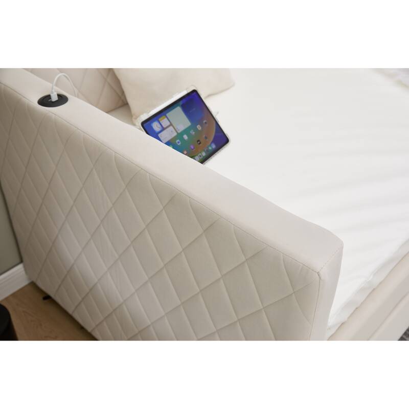 Twin Size Upholstered Daybed with Trundle, Velvet Sofa Bed with USB Port & Side Pockets, Modern V-Grained Backrest Guest Bed