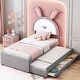 preview thumbnail 20 of 68, LED Rabbit Kids Bed Velvet Upholstered Platform Bed Fairytale Animals Theme Bed with Trundle and 3 Drawers, 12pcs+12pcs Slats
