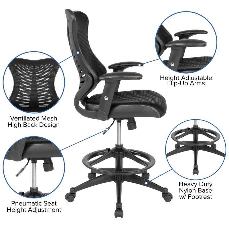 High Back Mesh Drafting Chair with LeatherSoft Sides and Adjustable Arms