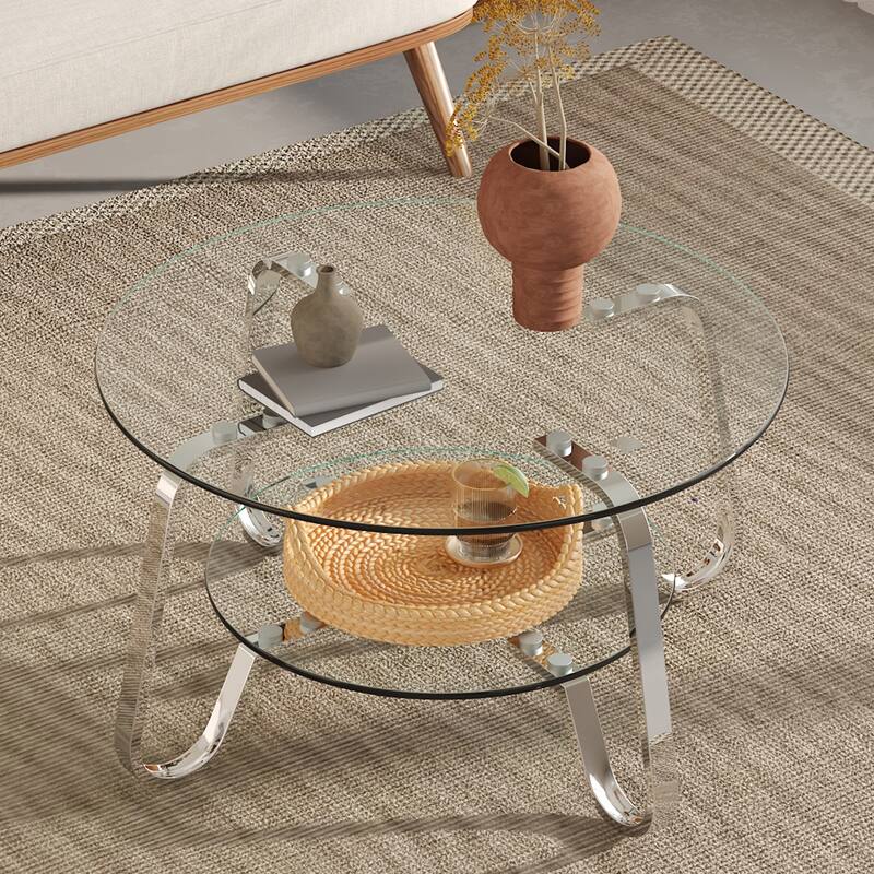 Retro Metal Frame Coffee Table with Double Layer Tempered Glass Minimalist Design
