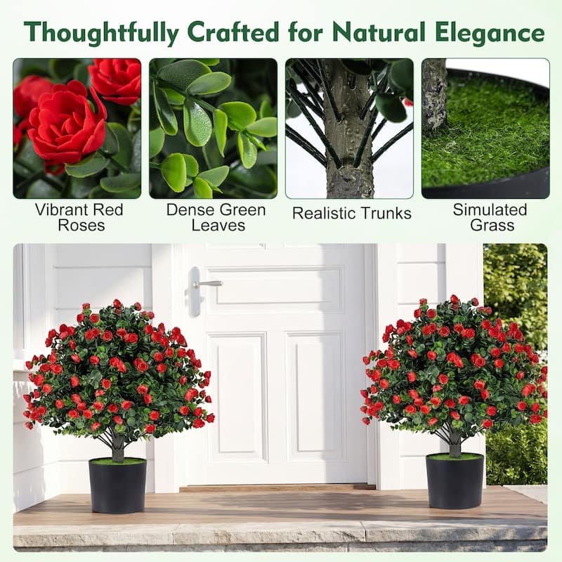 Gymax 2 Pack Artificial Rose Topiary Ball Trees w/PP Cement-Filled - Green & Red & Black