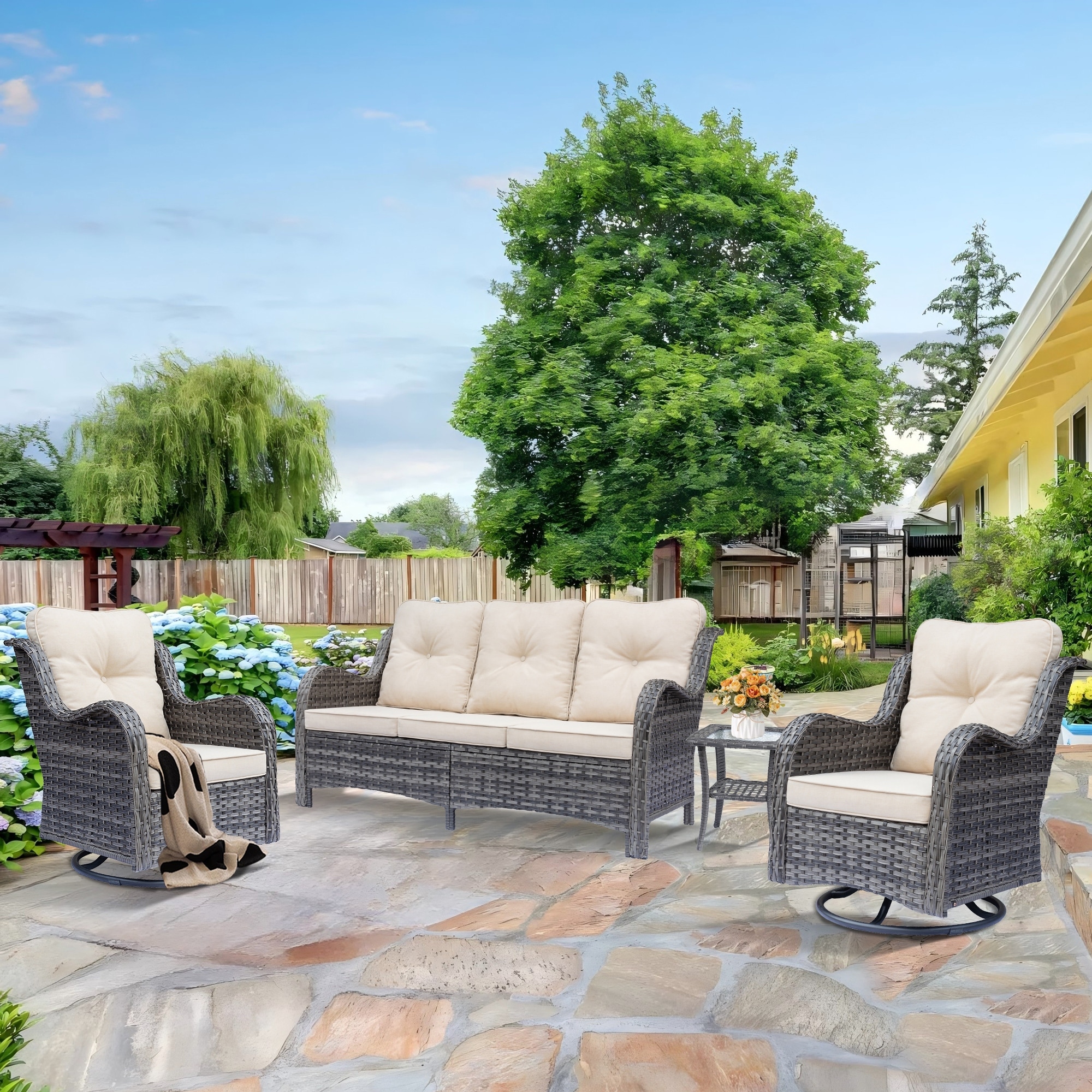 Rattan Wicker Outdoor Patio Furniture Set Swivel chairs with Cushions