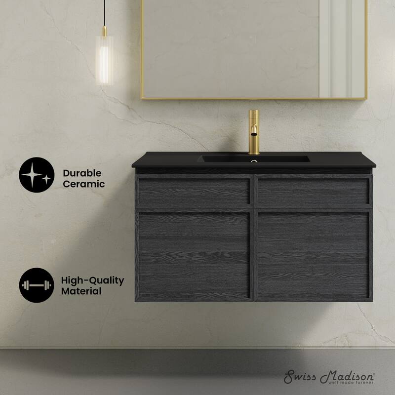 St. Tropez 36" Wall-Mounted Bathroom Vanity In Black Oak With Black Sink Top - 36