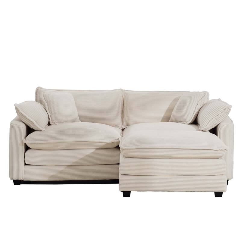 Beige Corduroy Cloud L-Shaped Sectional Sofa with Removable Ottoman and 4 Pillows