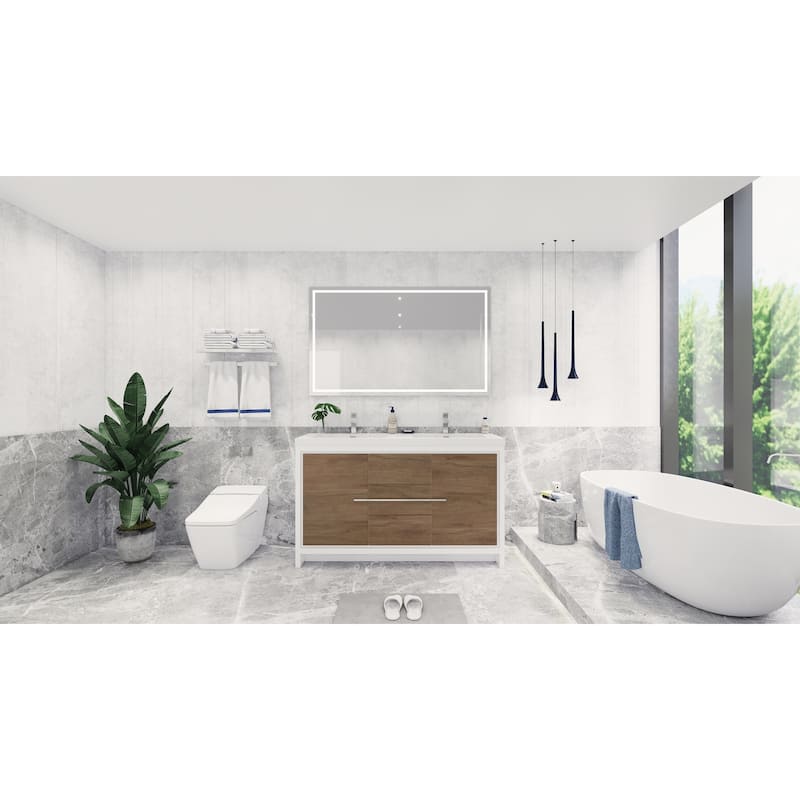 dolce 60 natural oak finish freestanding bath vanity with dual basin reinforced acrylic top