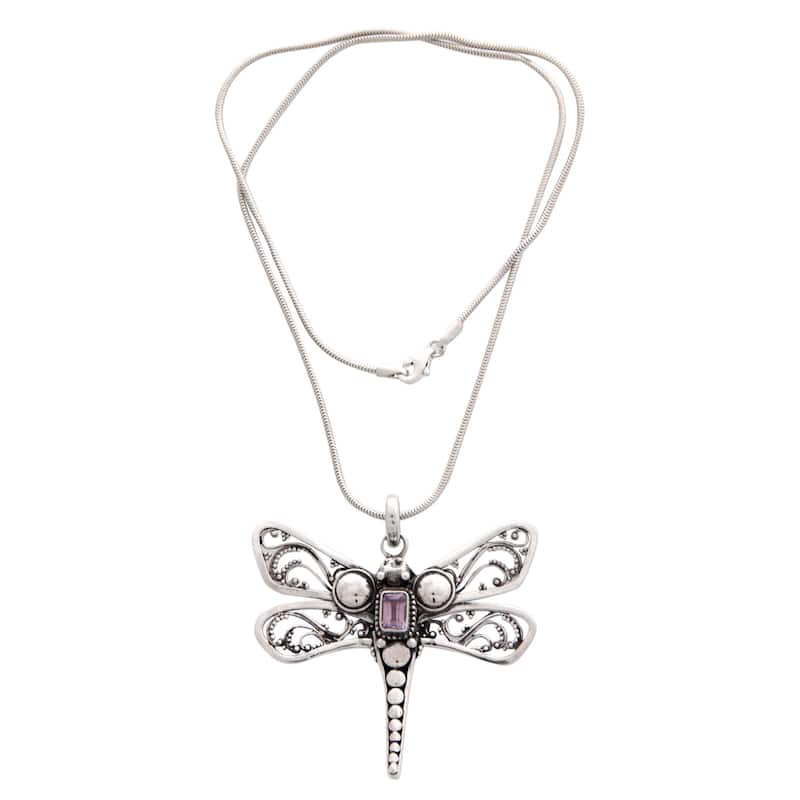 Handmade Amethyst Pendant Necklace, 'Lavender Dragonfly' (Indonesia) - 7'6" x 9'6"