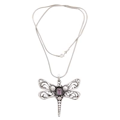 Handmade Amethyst Pendant Necklace, 'Lavender Dragonfly' (Indonesia) - 7'6" x 9'6"