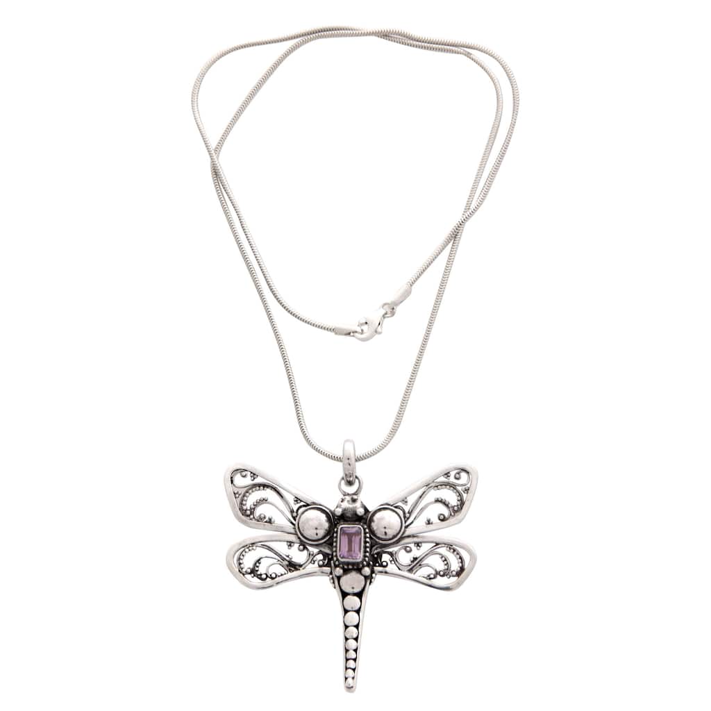 Handmade Amethyst Pendant Necklace, 'Lavender Dragonfly' (Indonesia) - 7'6" x 9'6"