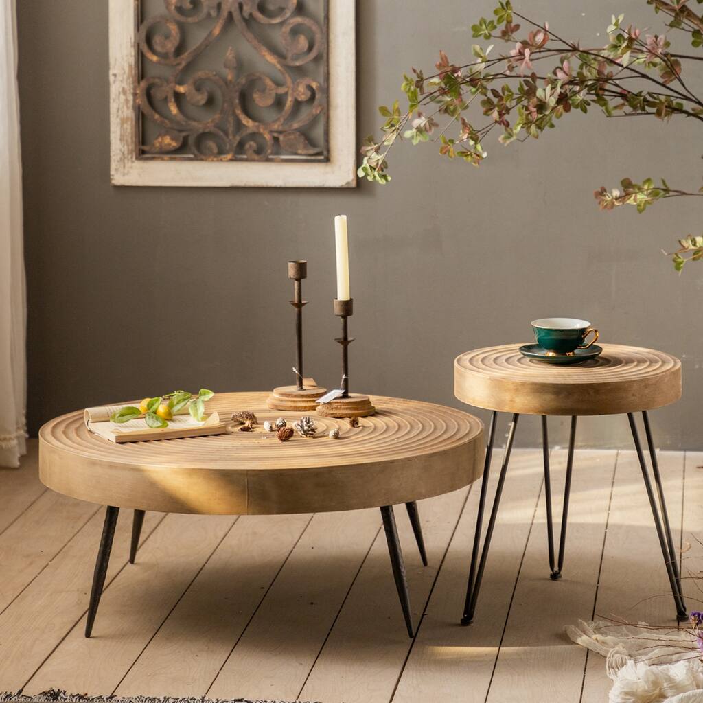 Dalxo Modern Farmhouse Round Coffee Table Set, Wood Nesting Table, Natural Finish, Handcrafted Wood Ring Motif