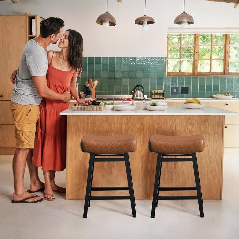 XINMICS 24 Inches Bar Stools, Saddle Kitchen Stools with PU Leather Cushion Counter Height Barstools for Kitchen Dining Cafe