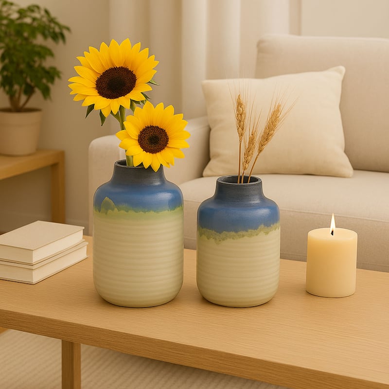 Aria Home Artisan Ombre Pottery Vase Set Natural Blue Green Décor