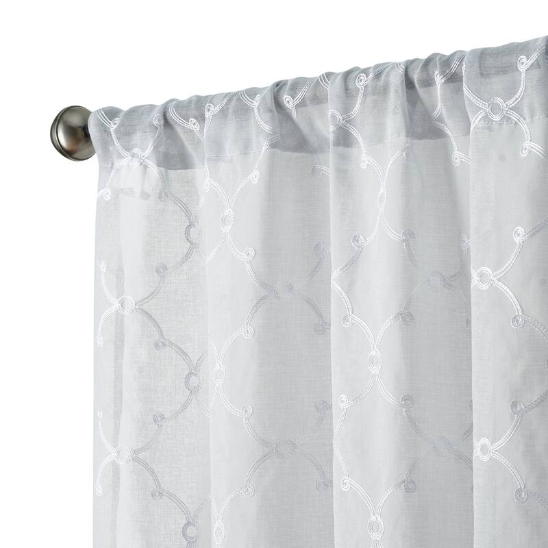 Creative Home Ideas Selena Embroidered Sheer Rod Pocket Window Curtain Panel Pair with Tiebacks