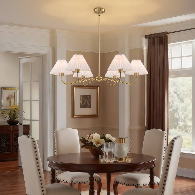 Starsky 6-Light Chandelier with Pleated Fabric Shades Handmade Black & Gold for Dining Room, Kitchen, Living Room and Foyer