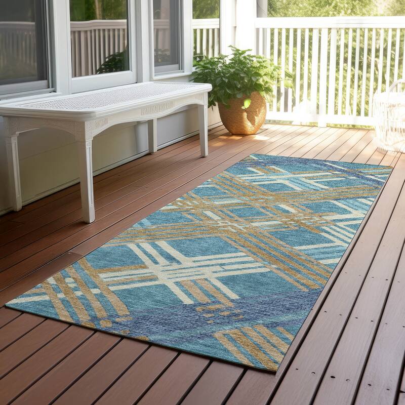 Machine Washable Indoor/ Outdoor Modern Trellis Chantille Rug - Teal - 2'3" x 7'6"