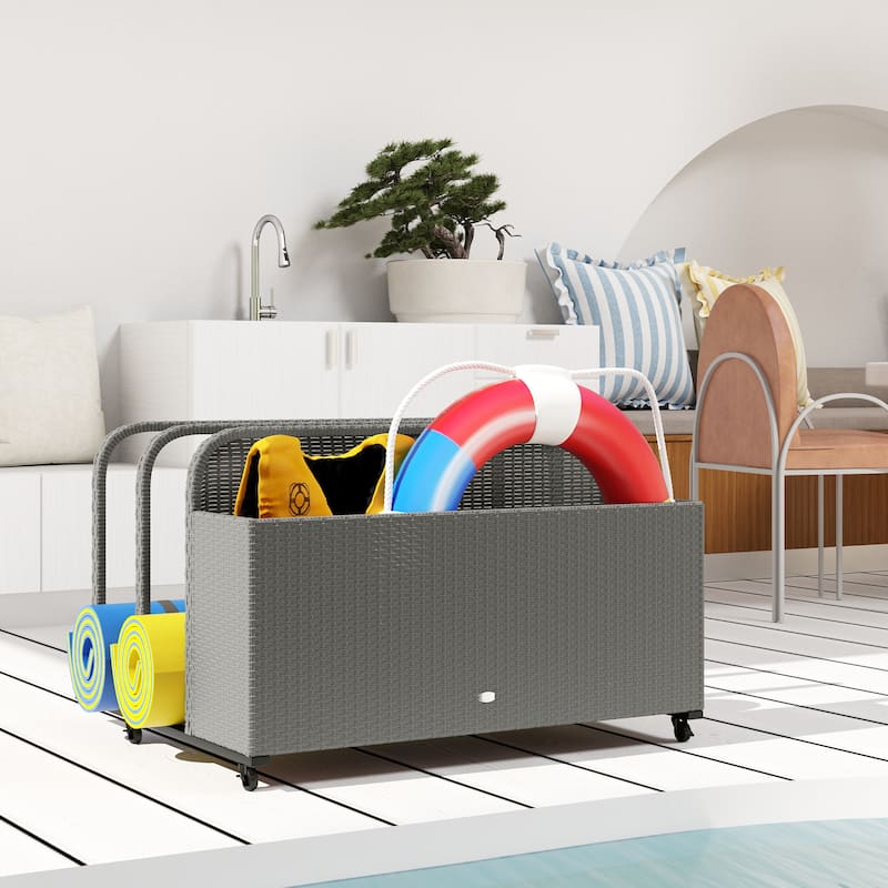 Wicker Pool Float Storage Organizer, PE Rattan Outdoor Pool Float Holder with Rolling Wheels & Storage Rack, Mixed Gray