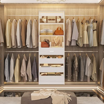 Modular Closet System Wardrobe Organizer 4 Adjustable Hanging Rods + 4 Wooden Drawers, Space-Saving for 4-9Ft Closets