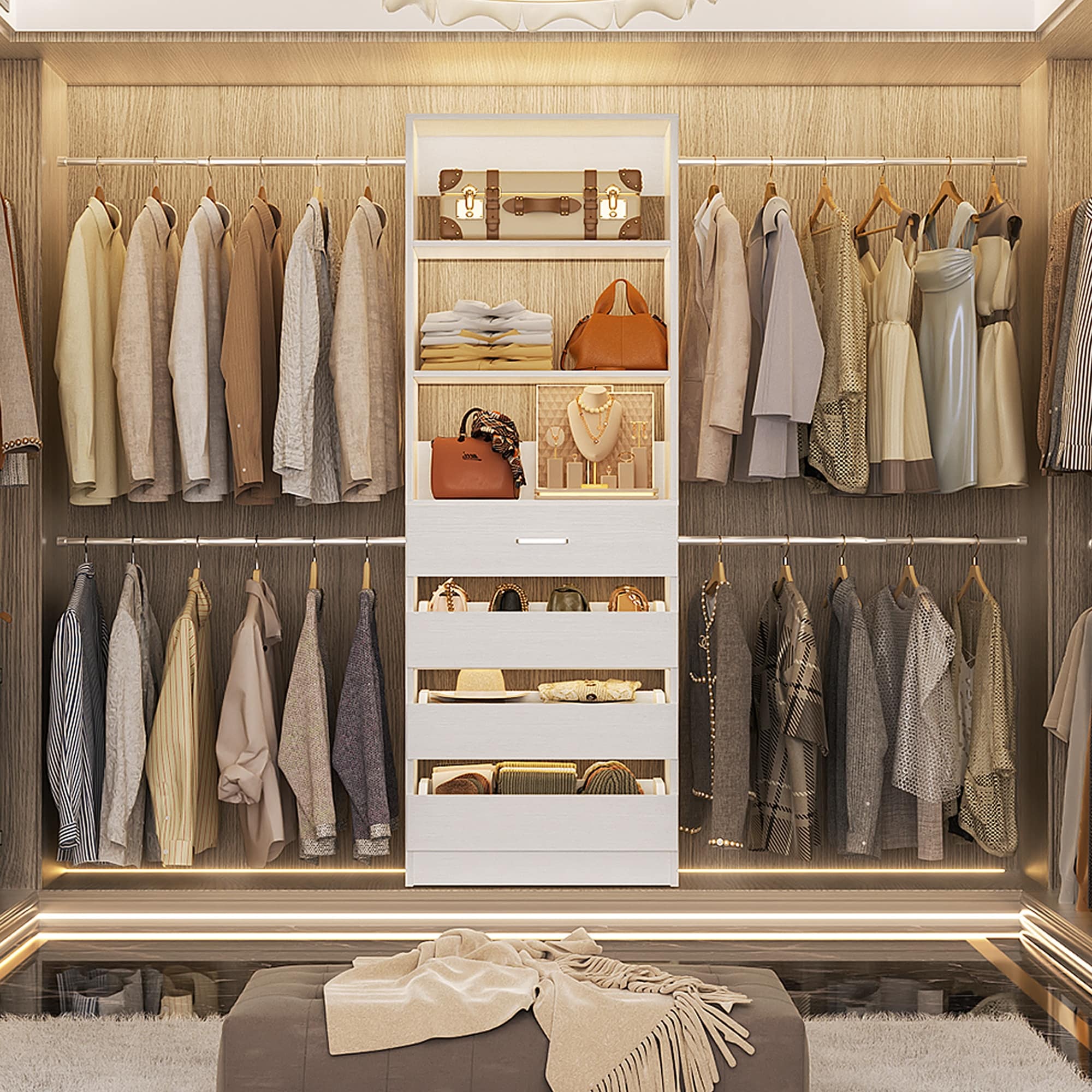 Modular Closet System Wardrobe Organizer 4 Adjustable Hanging Rods and 4 Wooden Drawers, Space-Saving for 4-9Ft Closets