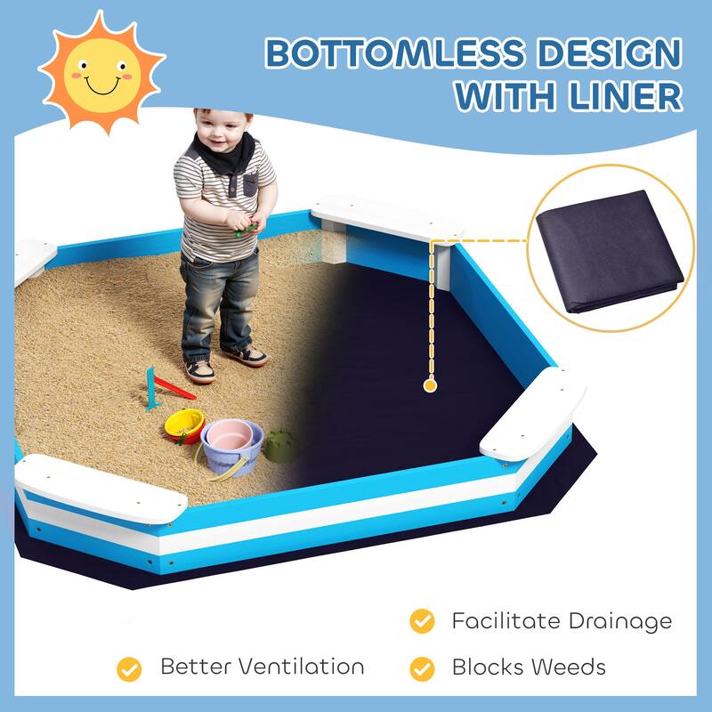 Blue-White Fir Wood Kids Sandbox with Four Seats and Nautical Design - 52.4" L x 52.4" W x 6.3" H