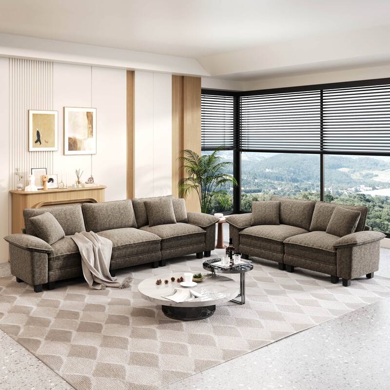 MAISON ARTS 2-Piece Chenille & Corduroy Sofa Set, Comfy 3/4/5-Seater Modular Loveseat & Armchair with Throw Pillows - Smoky Grey ( 5 Pieces ) - Left Facing