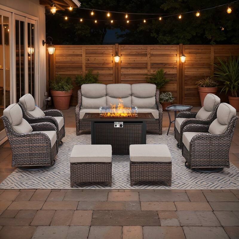 Gymojoy 9-Piece Wicker Patio Furniture Sofa Set with Fire Pit Table, 6-Inch Thick Cushion Swivel Glider Chairs & Ottomans - Brown Wicker / Beige Cusion - 9-Piece