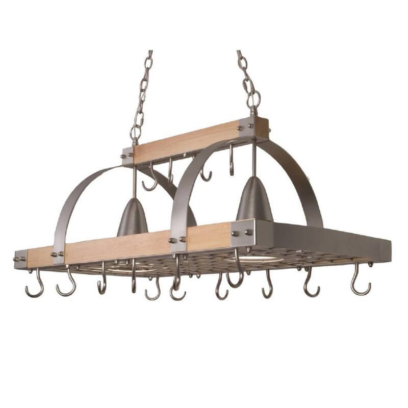 2-Light Wooden Kitchen Pot Rack with Downlights - 36.25" - Brushed Nickel