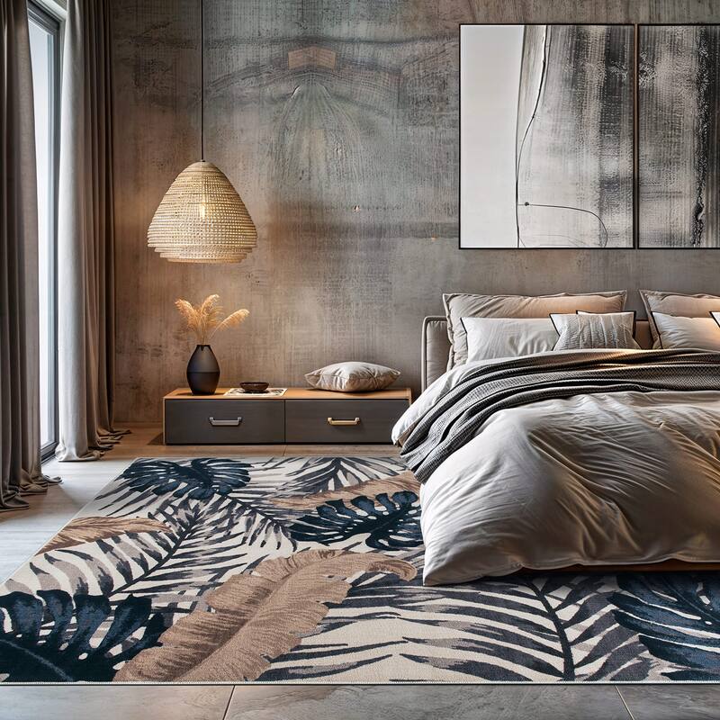 Contemporary Tropical Floral Leaves Non Slip Area Rug