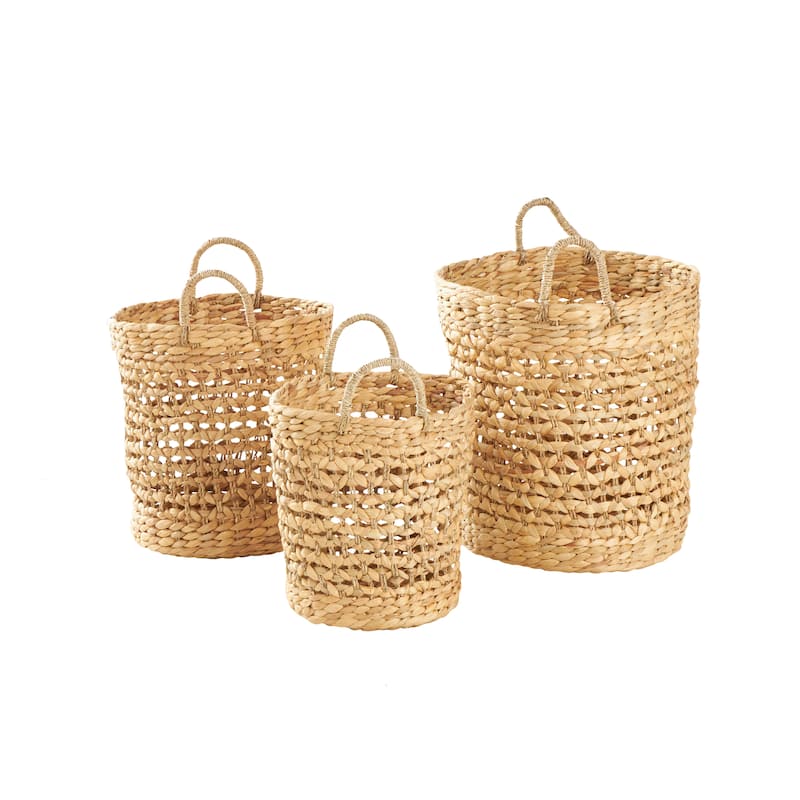 Dried Plant Handmade Woven Storage Basket with Handles - Set of 3 Brown - Roche River Decor - 17"W x 17"L x 21"H